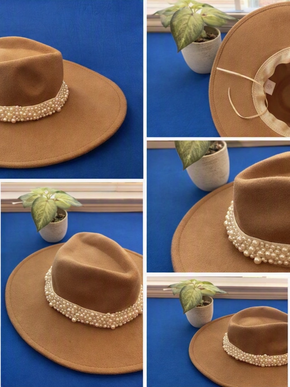 Cato Camel Wide-Brim Felt Hat with Pearl Band